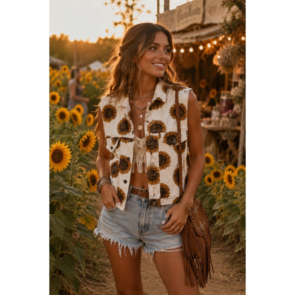 Sunflower Print Denim Vest Womens M Cropped Cottagecore Festival Boho